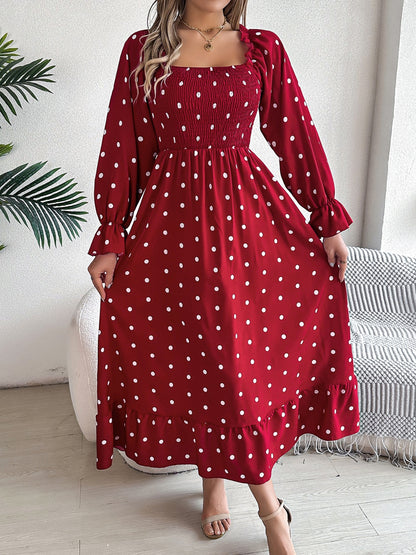 Polka Dot Flounce Sleeve Midi Dress Burgundy