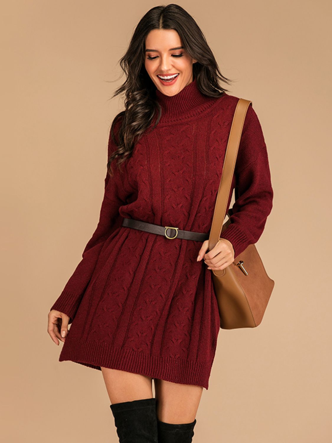 Perfee Slit Turtleneck Long Sleeve Mini Sweater Dress