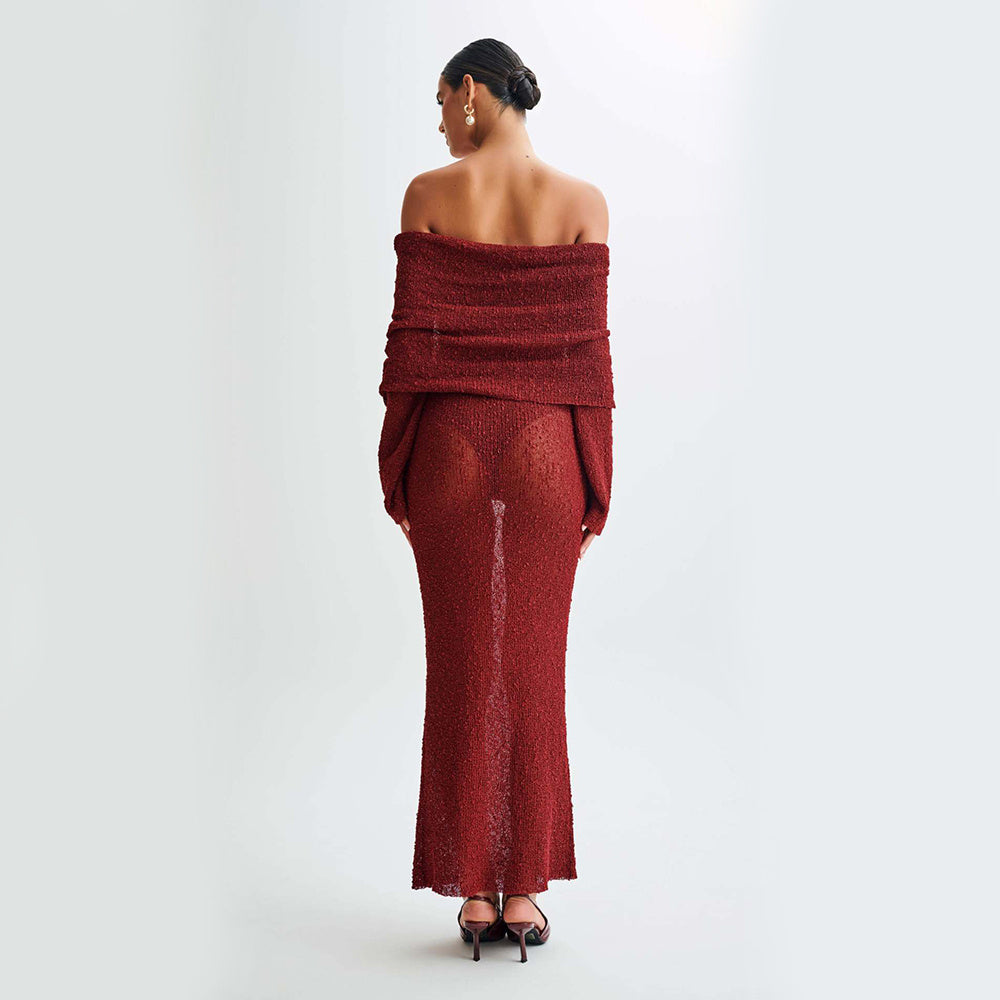 New One-shoulder Knitted Long-sleeved Dress Sexy Beach Holiday Long Dresses Womens Clothing Red