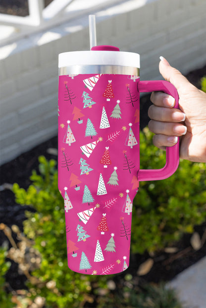 40oz Rose Red Cartoon Christmas Tree Printed Thermos Cup