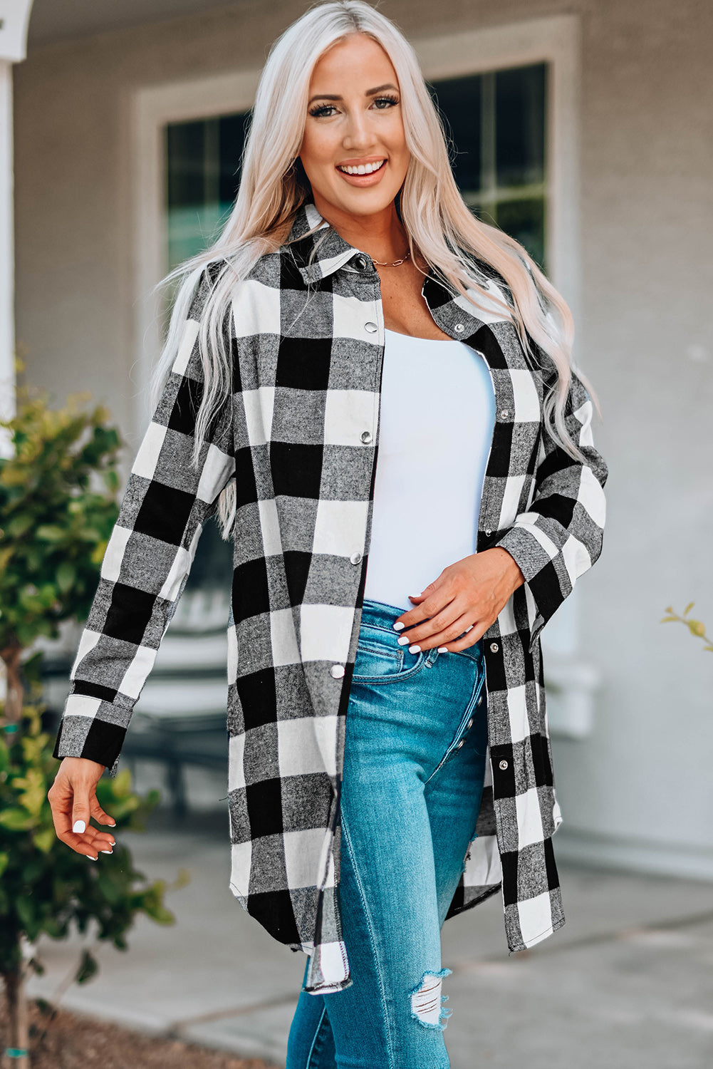 Women's Longline Plaid Shirt Coat with Turn-Down Collar | Classic British Style