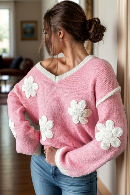 Flower V-Neck Dropped Shoulder Sweater Blush Pink