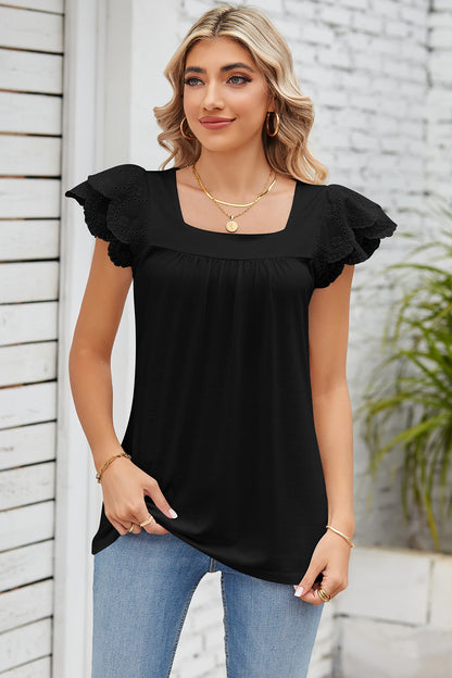 Eyelet Square Neck Cap Sleeve Blouse Black