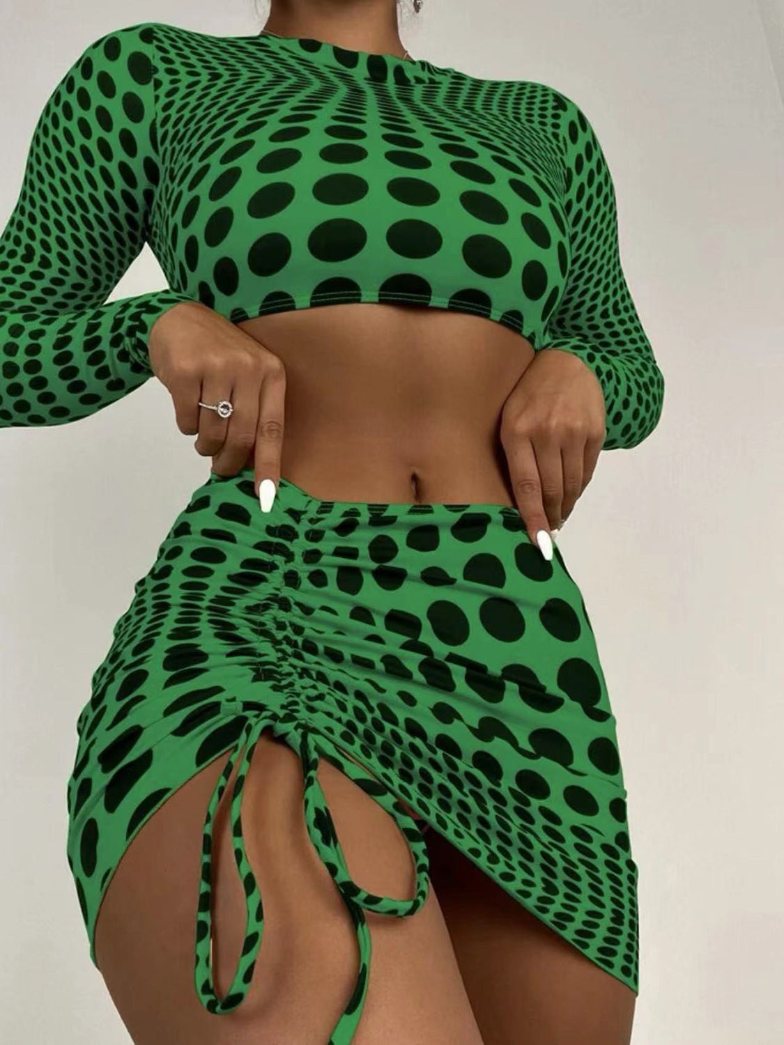 Polka Dot Long Sleeve Three-Piece Swim Set Dark Green