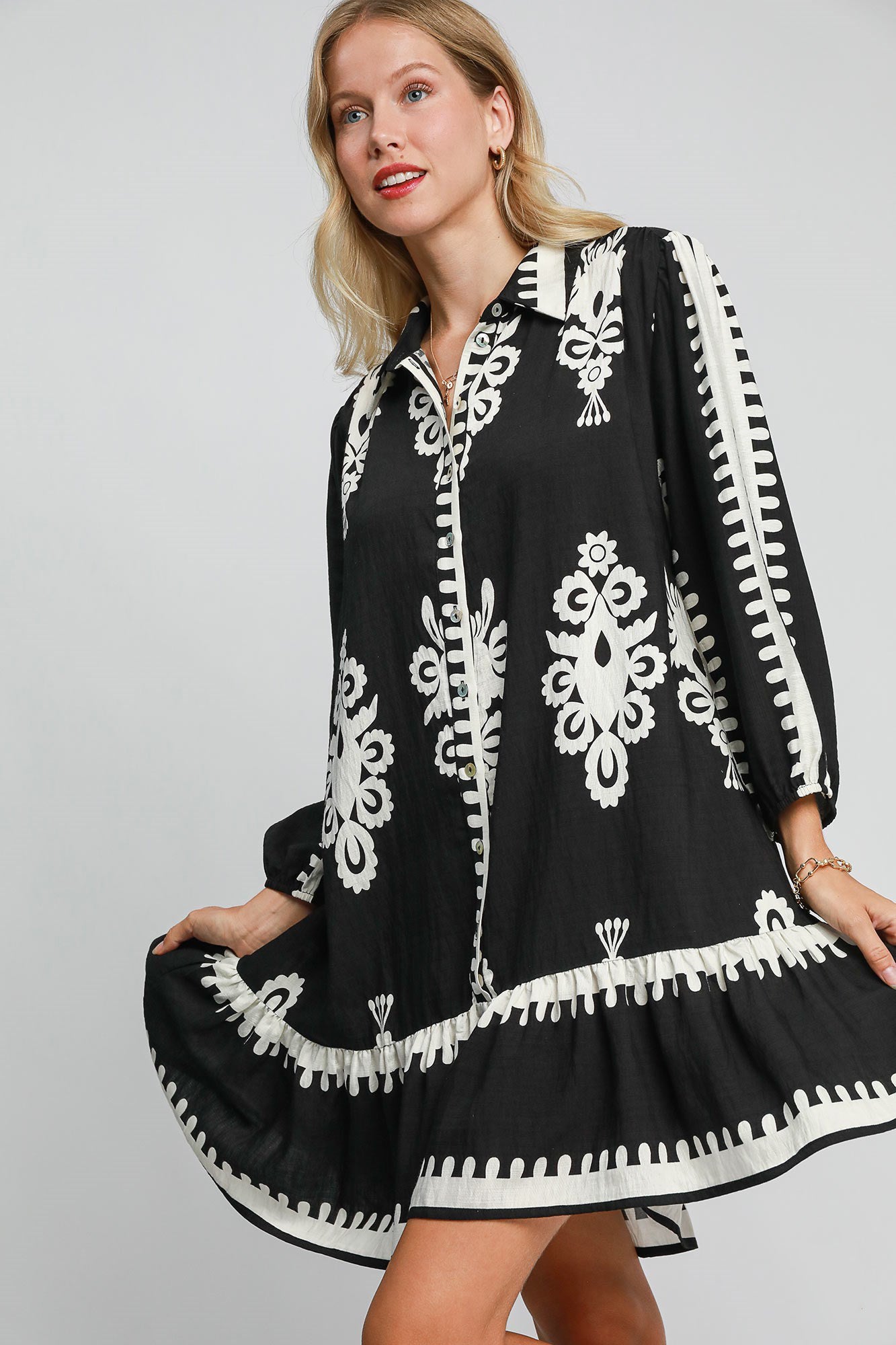 Umgee Border Print Button Down Ruffled Hem Dress Black