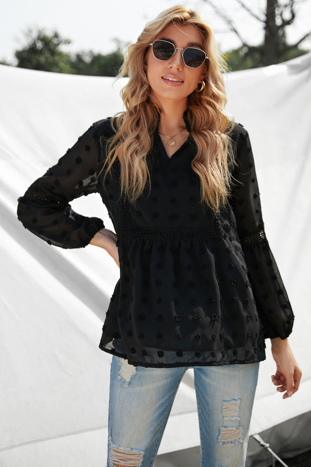 Swiss Dot Frilled Notched Neck Blouse Black