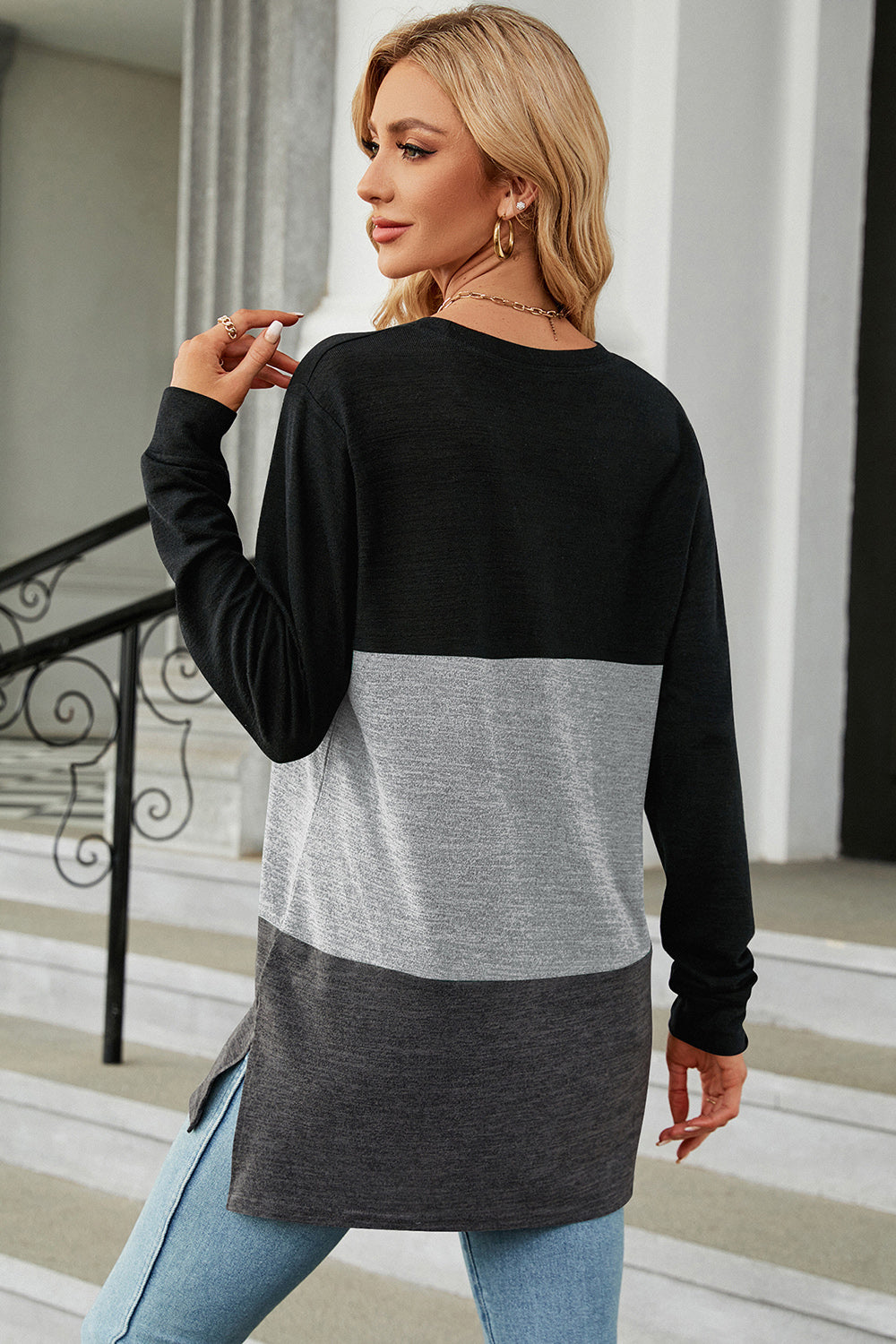 Color Block Round Neck Long Sleeve T-Shirt