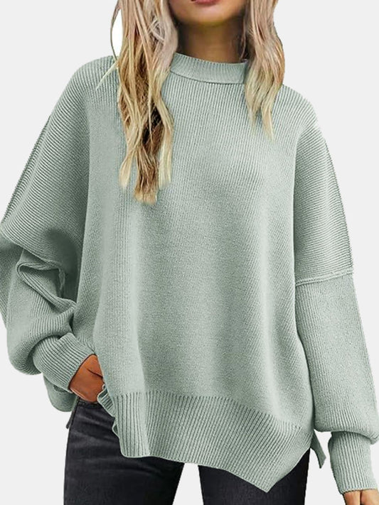 Round Neck Drop Shoulder Slit Sweater Sage