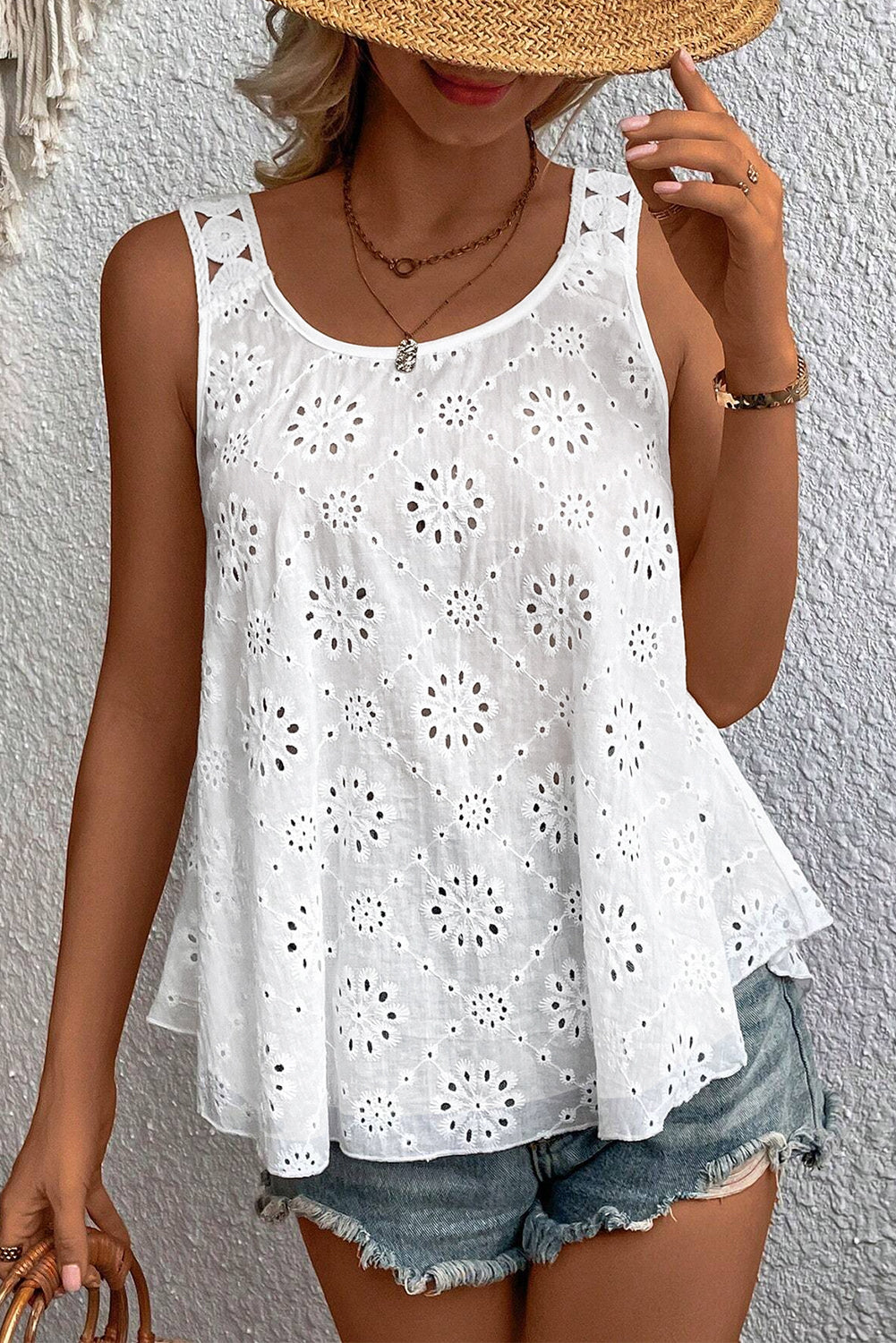 White Eyelet Embroidery Tank Top White 100%Cotton