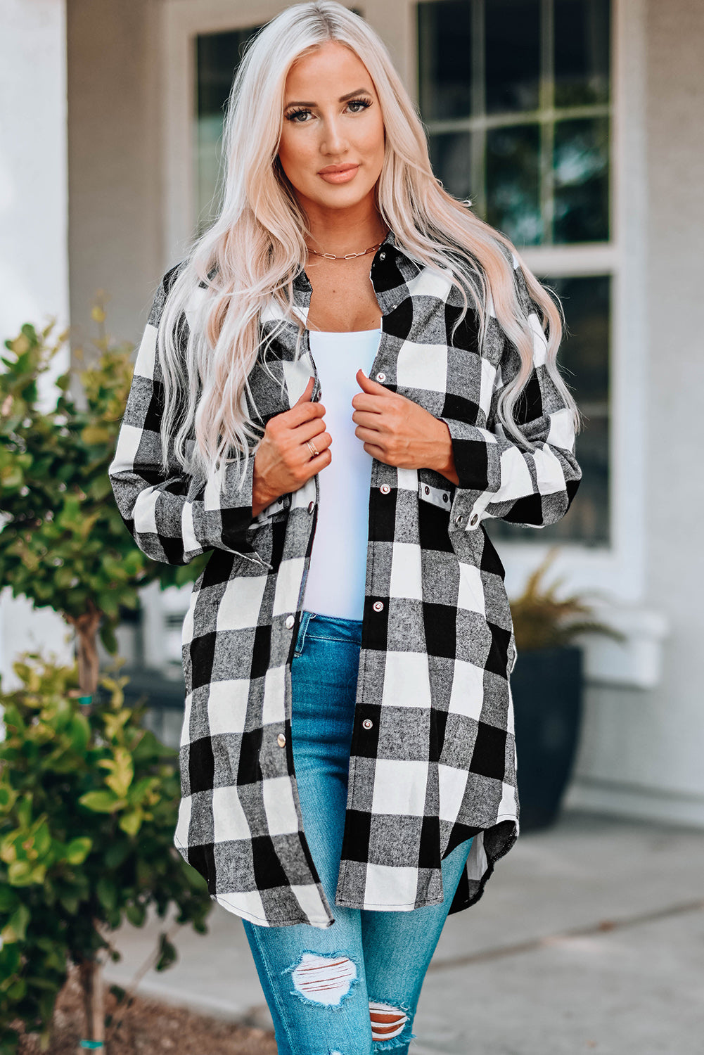 Women's Longline Plaid Shirt Coat with Turn-Down Collar | Classic British Style