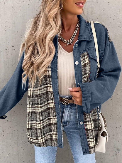 Plaid Button Up Dropped Shoulder Jacket Dusty Blue