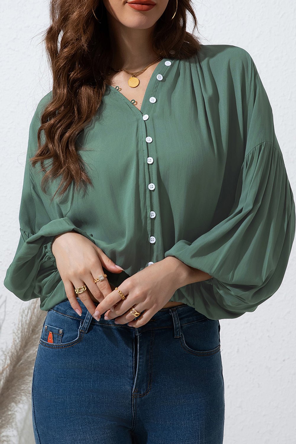 Button Up Balloon Sleeve Shirt