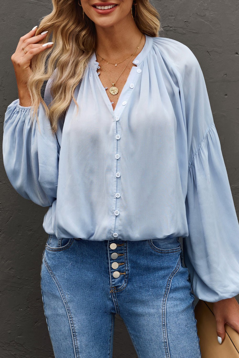 Button Up Balloon Sleeve Shirt Light Blue