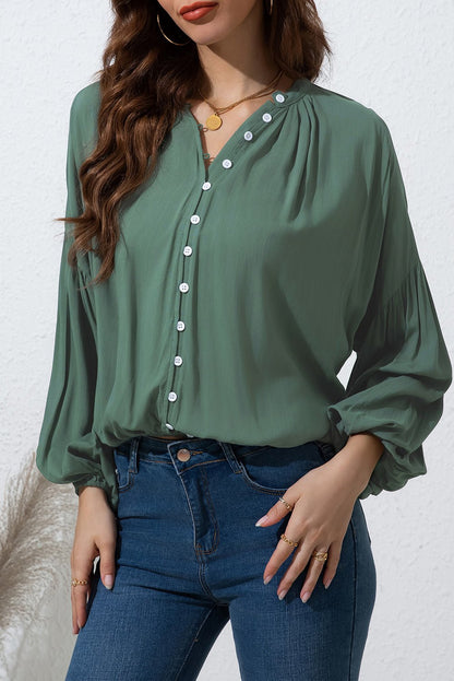 Button Up Balloon Sleeve Shirt Sage