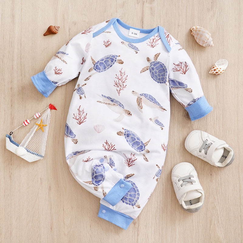 Baby Spring And Autumn One-piece Pajamas Newborn Baby Four Seasons Home Romper New Long Sleeve Inner Pullover Turtle