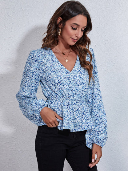 Floral V-Neck Balloon Sleeve Peplum Blouse