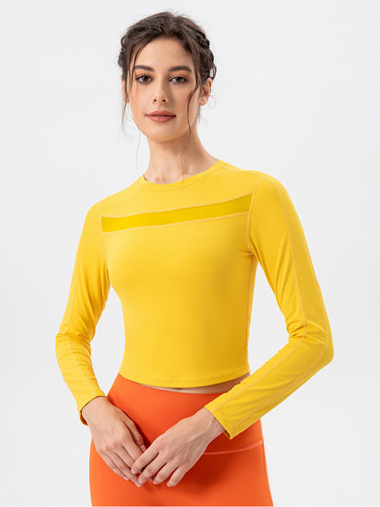 Round Neck Long Sleeve Active T-Shirt Neon Yellow