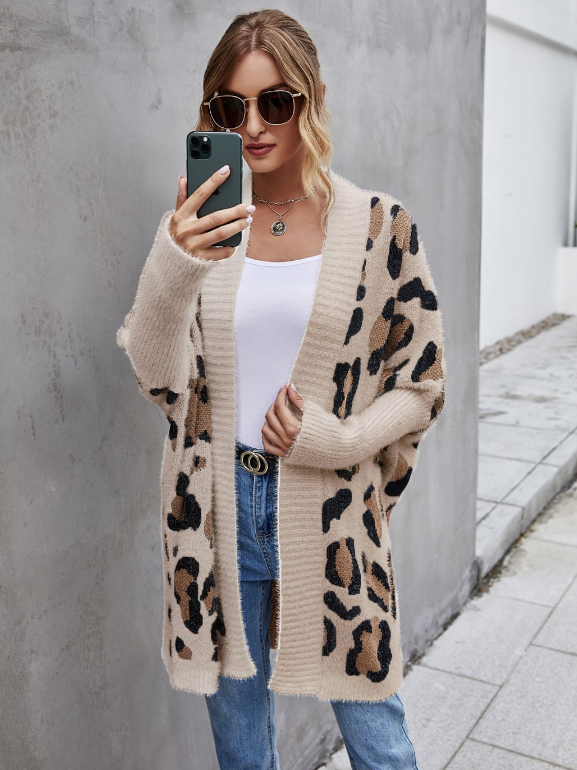 Leopard Pattern Fuzzy Cardigan Khaki