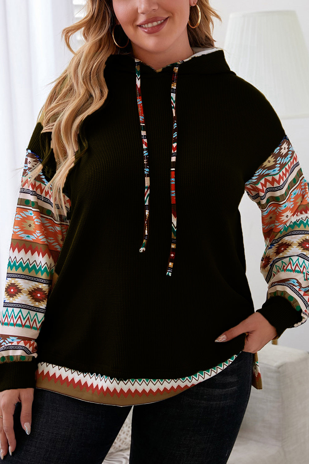 Black Aztec Patchwork Sleeve Waffle Drawstring Plus Hoodie Black 62.7%Polyester+37.3%Cotton