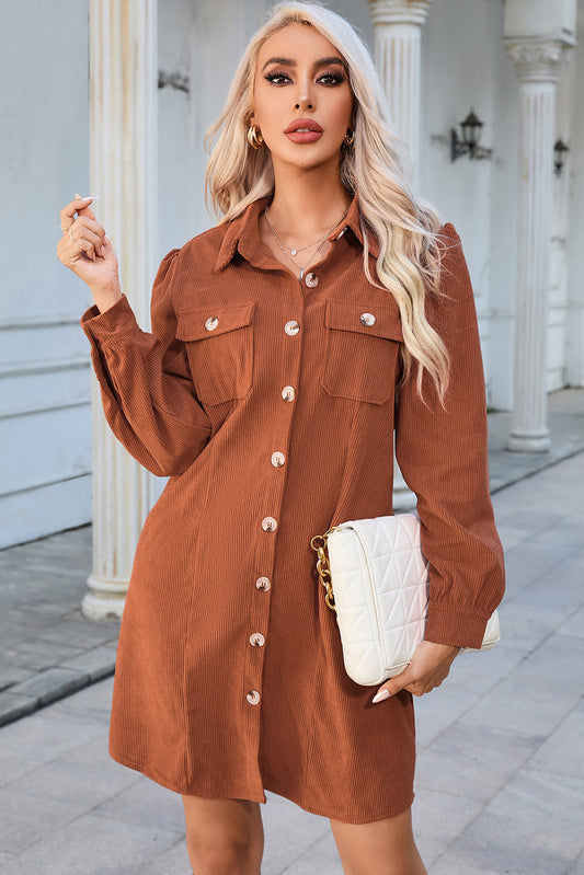 Button Down Puff Sleeve Dress Ochre