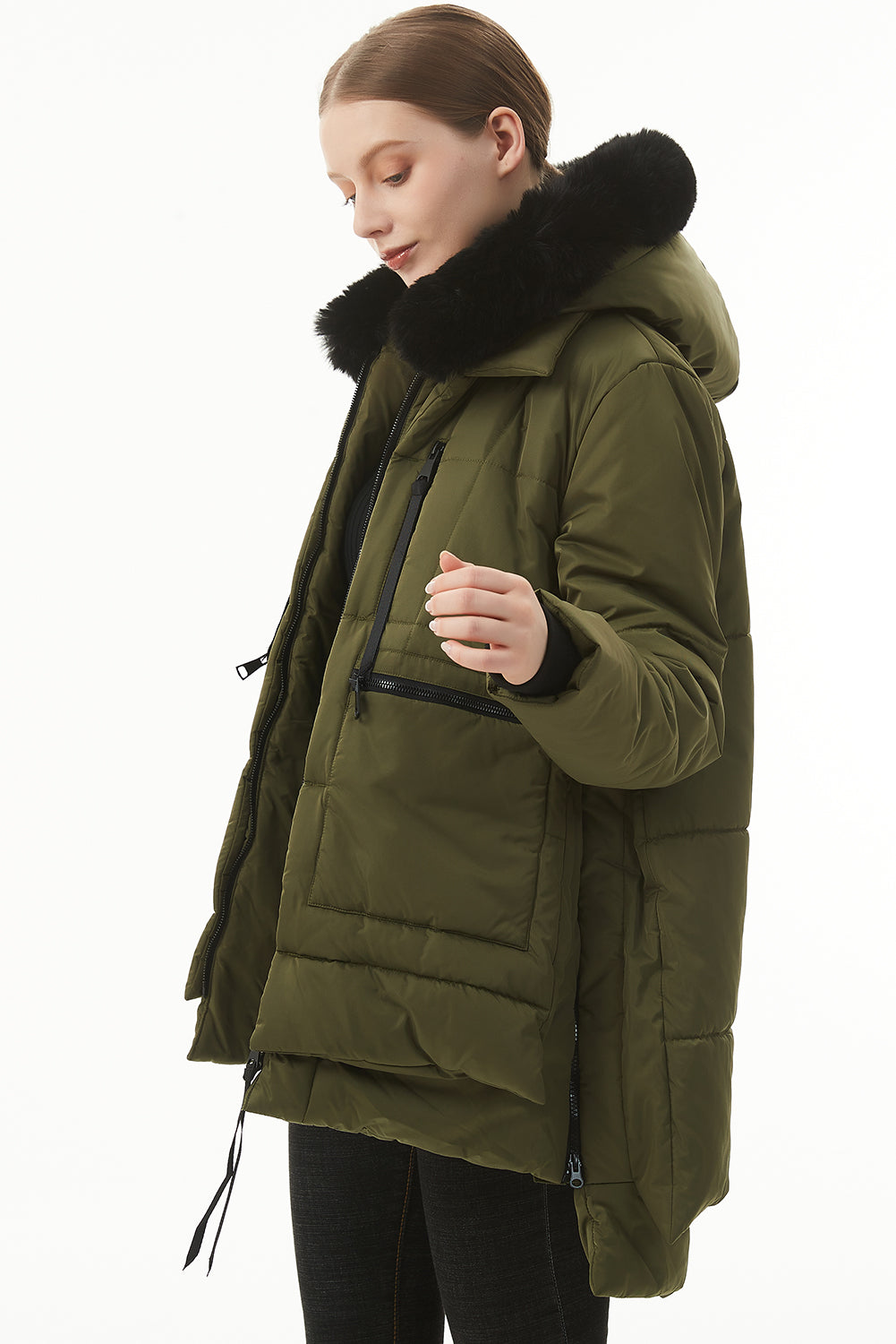 Jungle Green Plush Linen Zip Up Hooded Puffer Coat