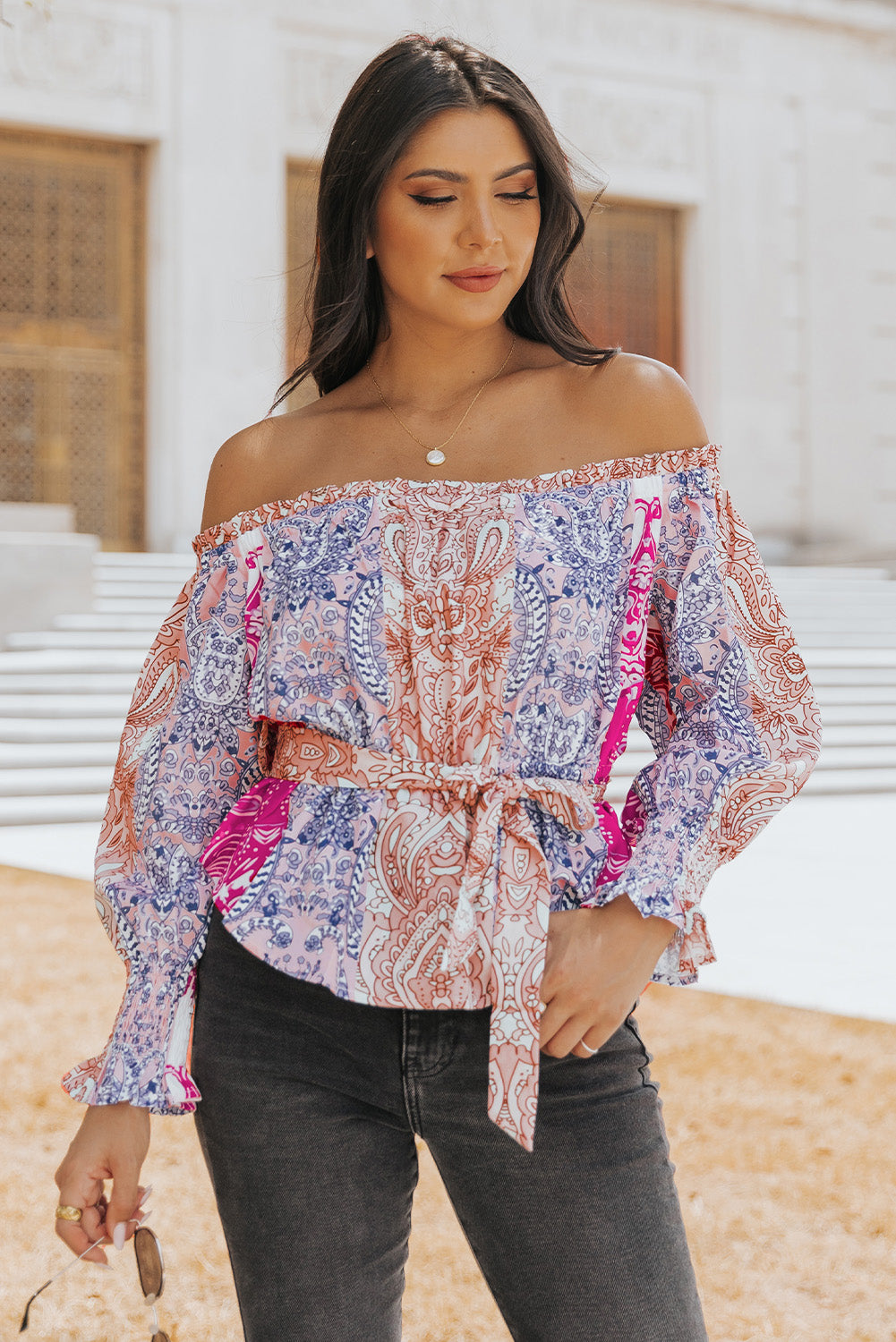 Printed Off-Shoulder Flounce Sleeve Belted Blouse - Thandynie