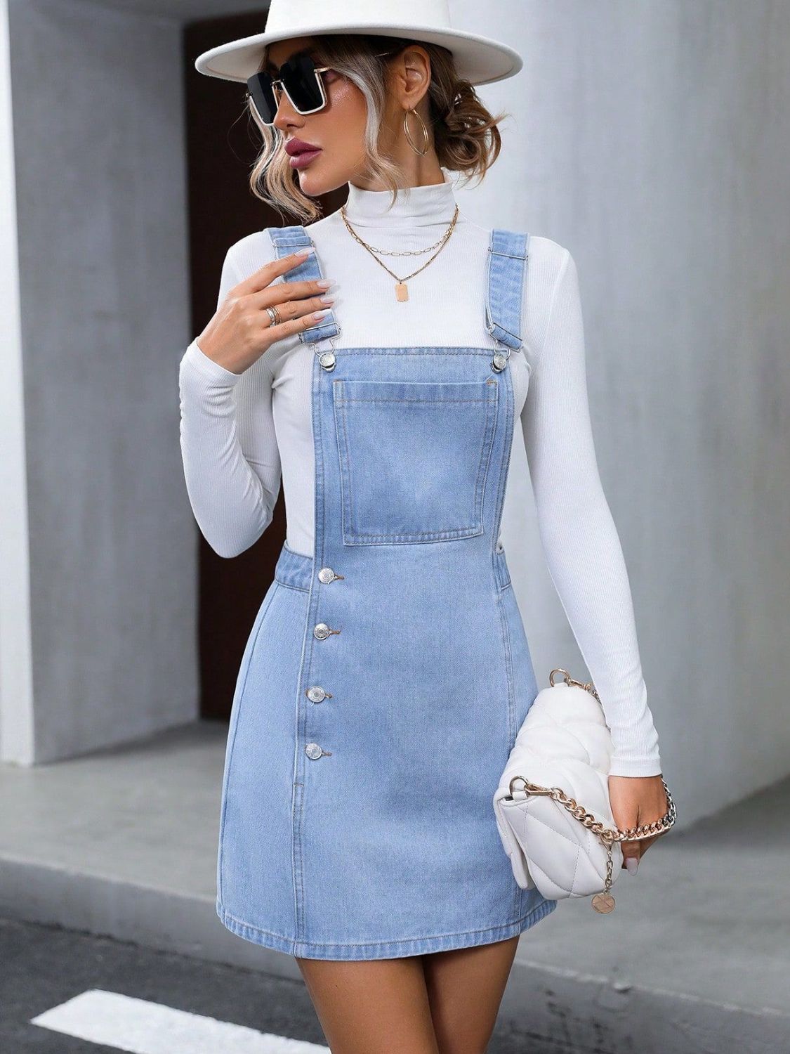 Wide Strap Denim Overall Dress Medium