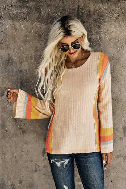 Striped Round Neck Long Sleeve Sweater Khaki