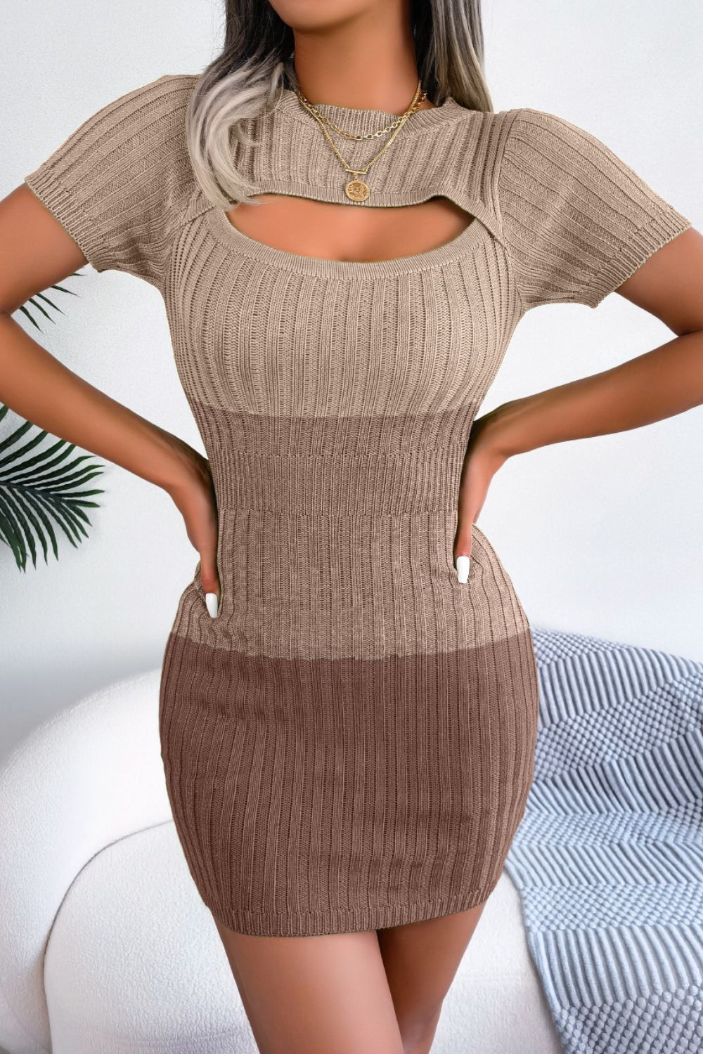 Color Block Cutout Short Sleeve Sweater Dress Khaki