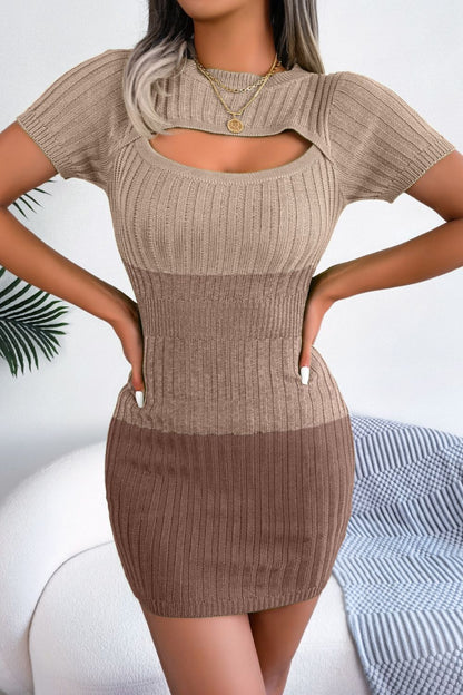 Color Block Cutout Short Sleeve Sweater Dress Khaki