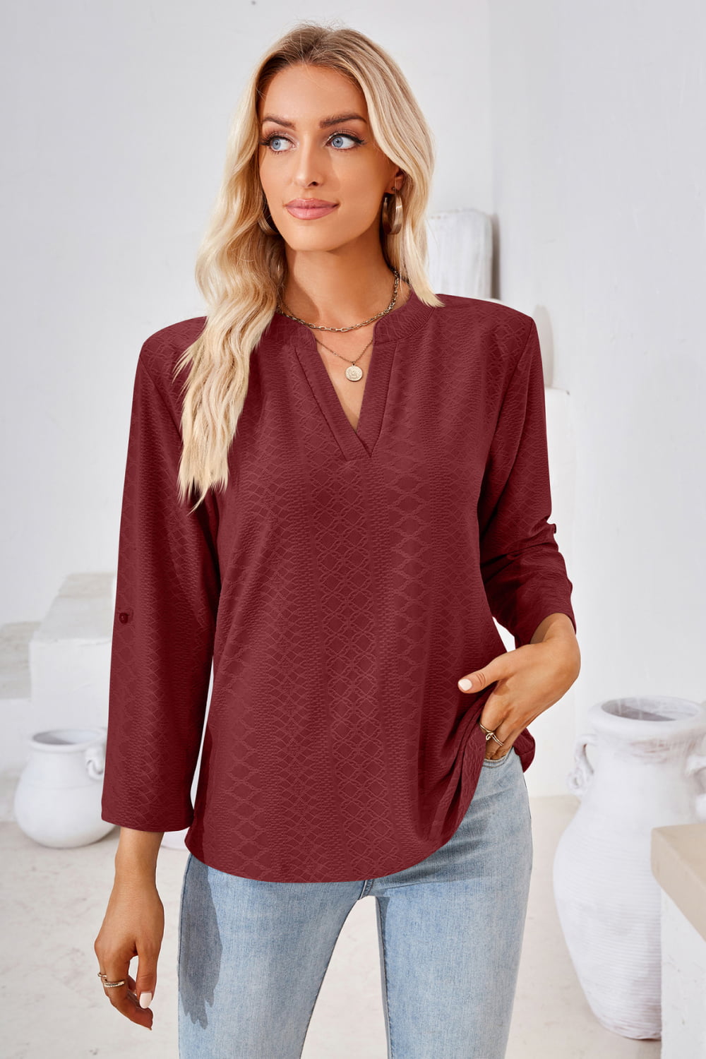 V-Neck Roll-Tap Sleeve Blouse Burgundy