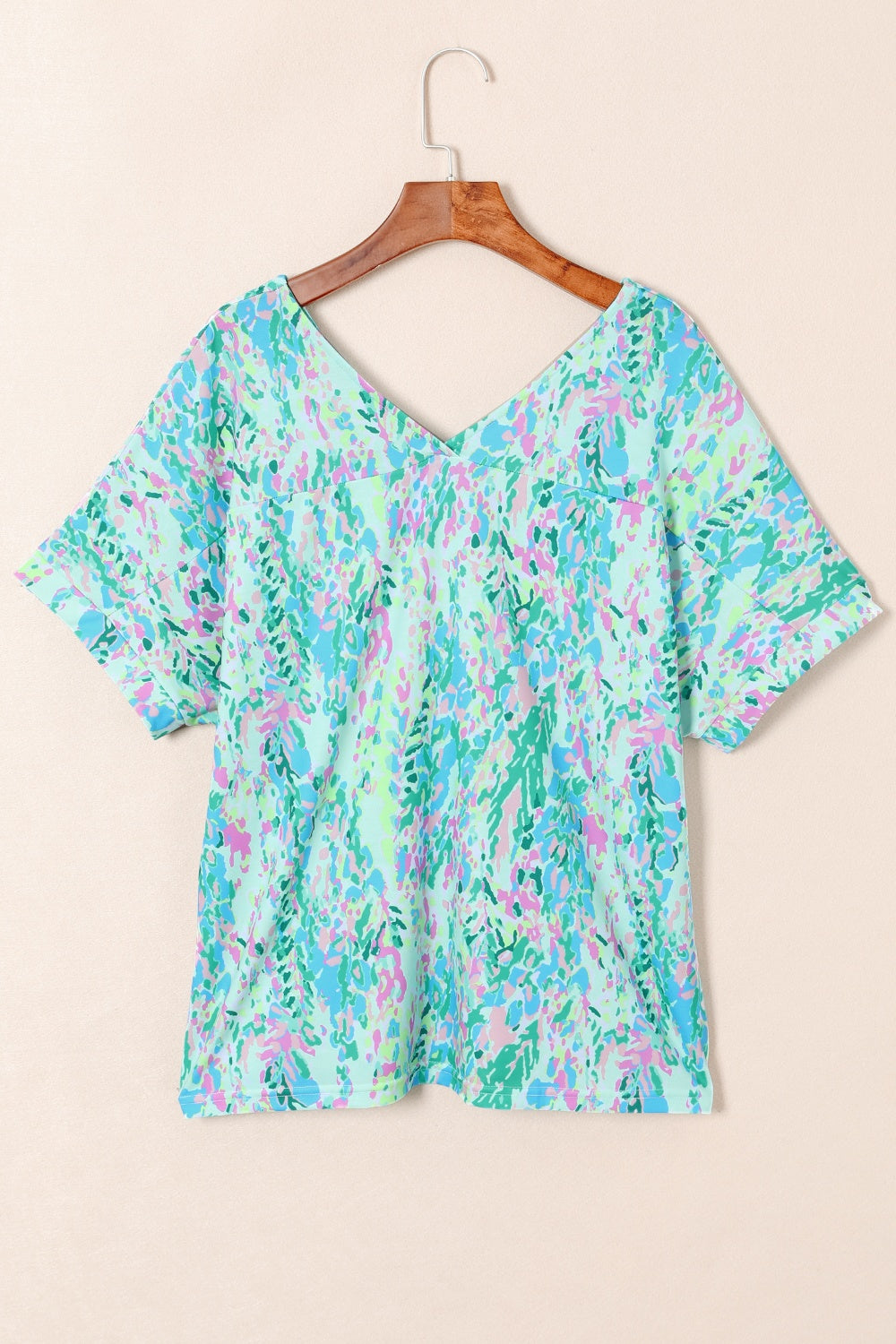 Printed V-Neck Short Sleeve T-Shirt Aqua