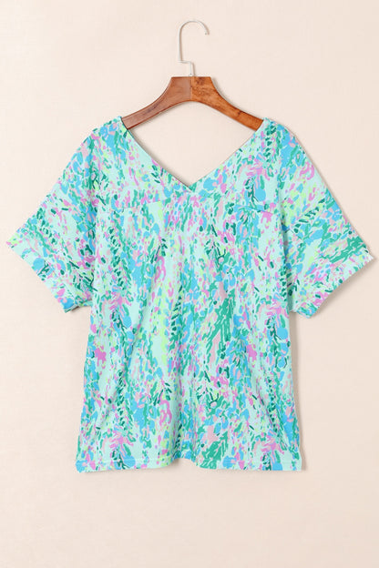 Printed V-Neck Short Sleeve T-Shirt Aqua