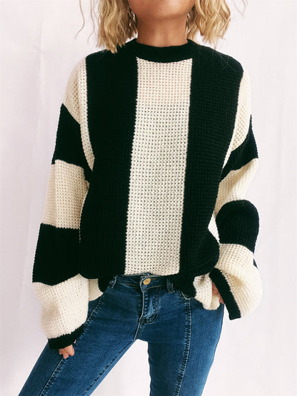 Color Block Round Neck Long Sleeve Sweater Black