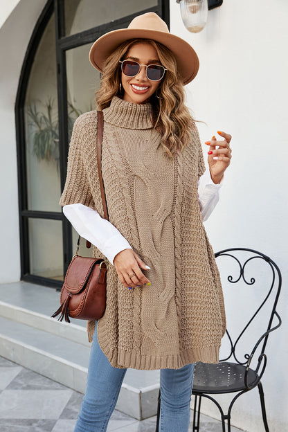 Cable-Knit Turtleneck Slit Sweater Camel