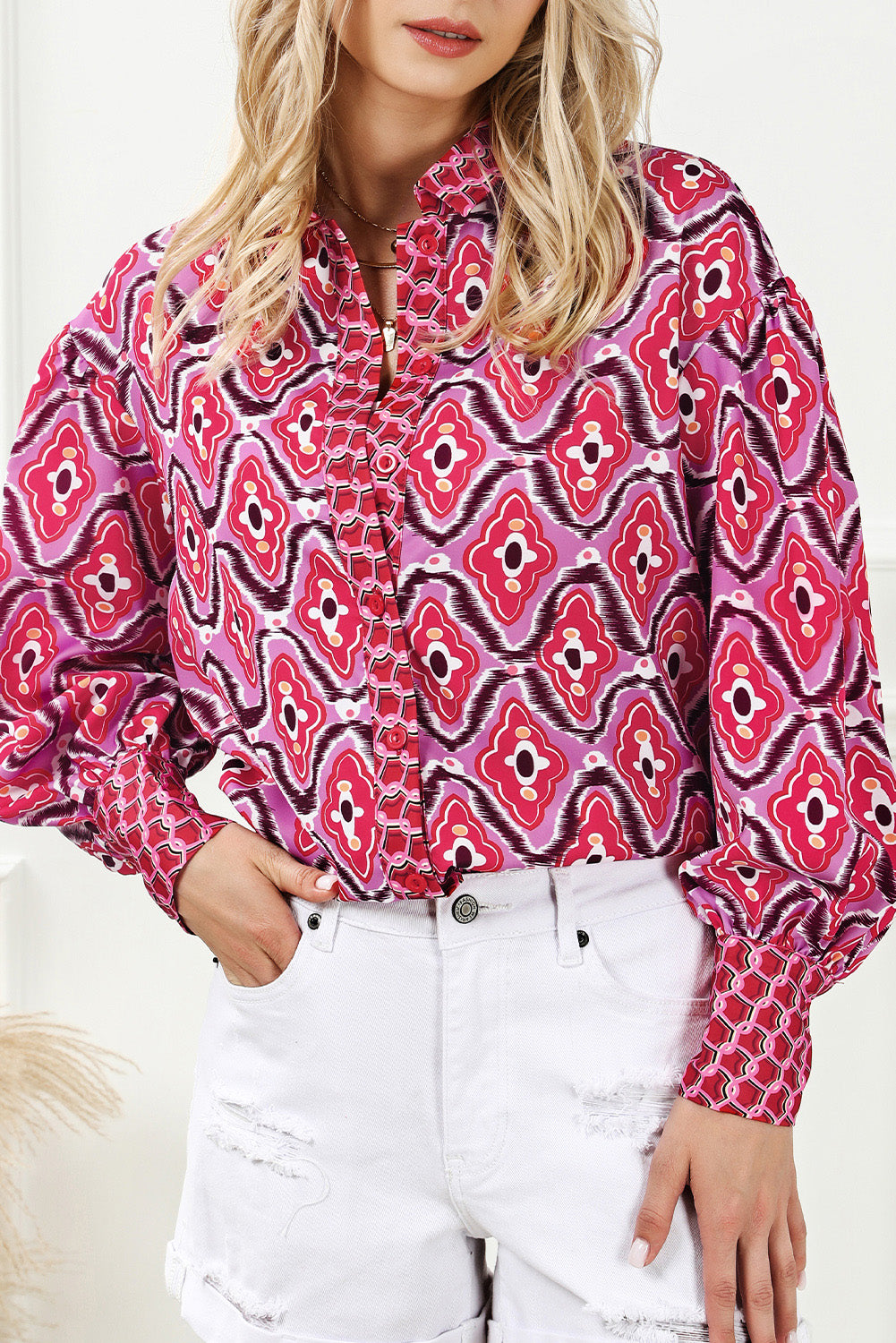 Printed Button Up Long Sleeve Shirt Hot Pink