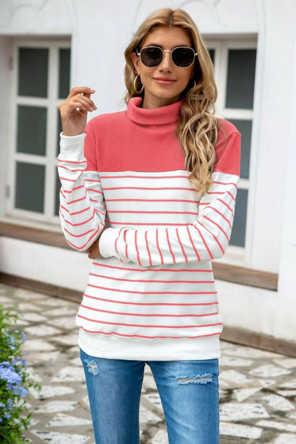 Striped Contrast Turtleneck Sweater Hot Pink