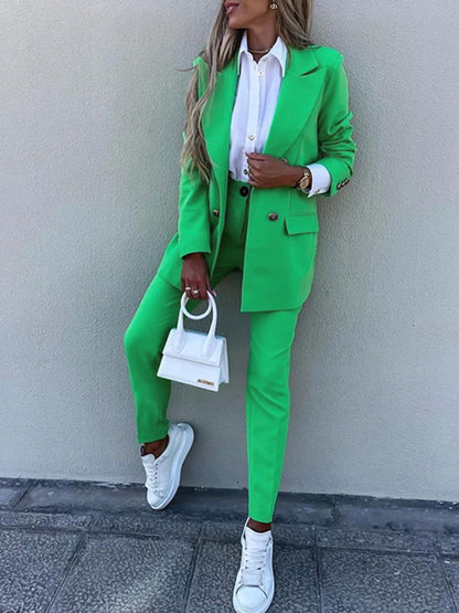 Lapel Collar Long Sleeve Blazer and Pants Set Mid Green