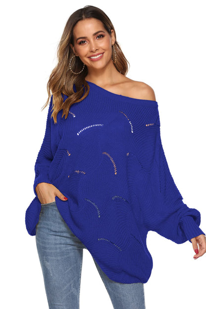 Round Neck Long Sleeve Openwork Sweater Royal Blue