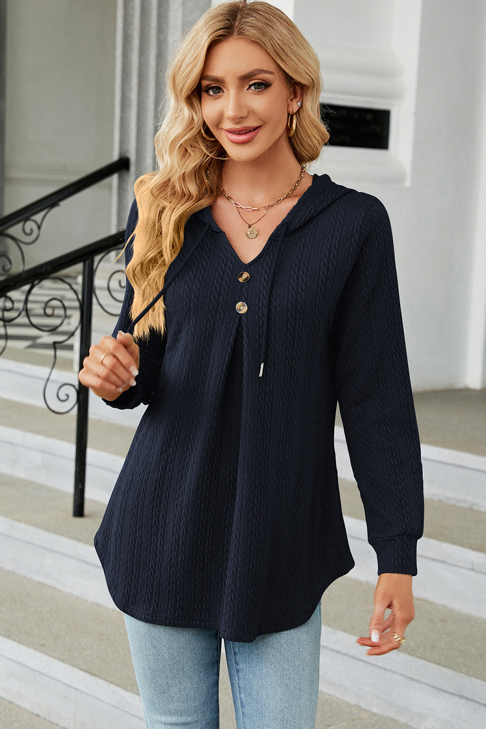 Decorative Button Drawstring Long Sleeve Hoodie Dark Blue