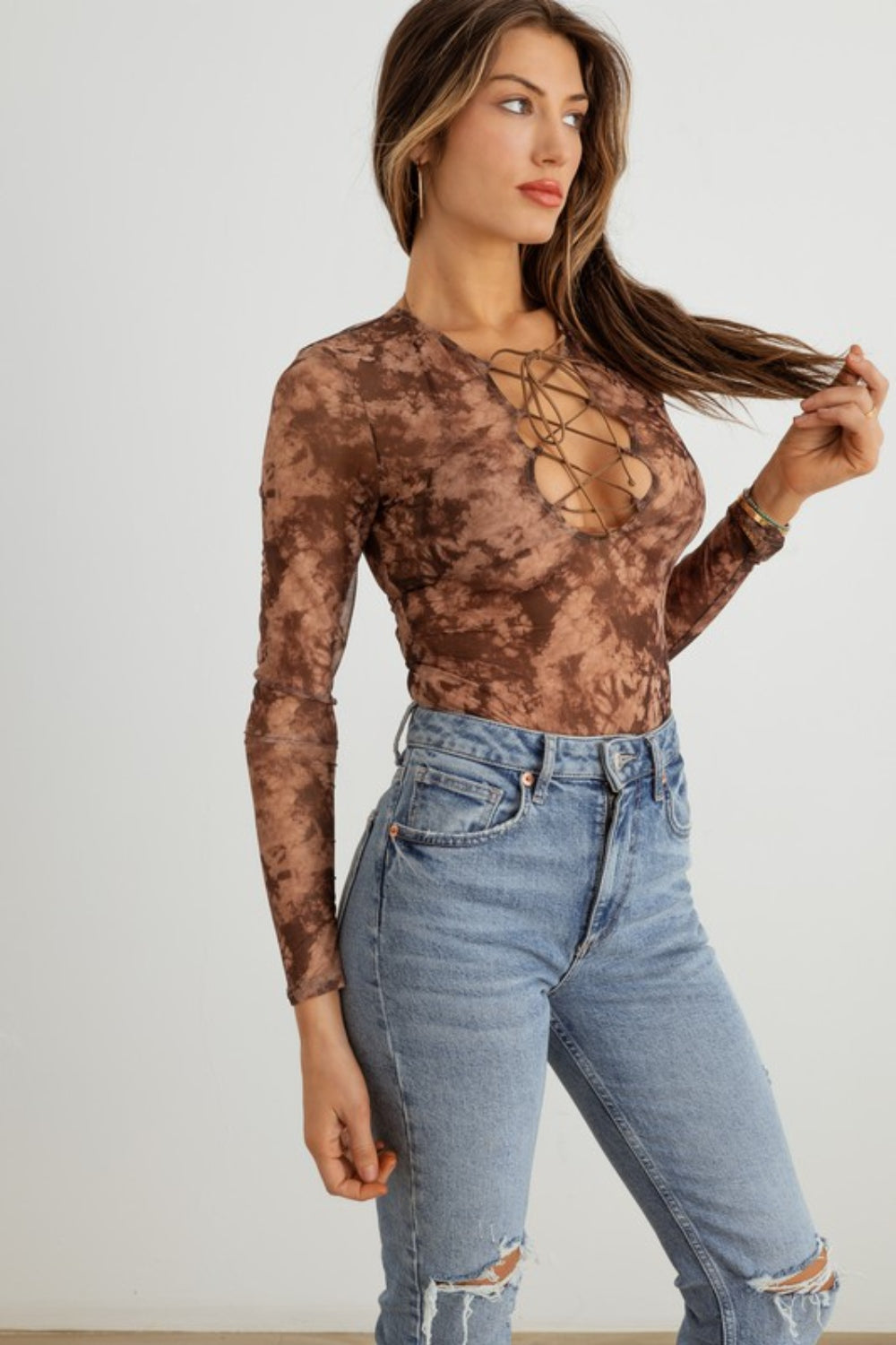 HERA COLLECTION Abstract Mesh Lace-Up Long Sleeve Bodysuit - Thandynie