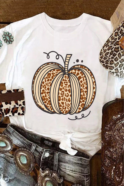 White Leopard Pumpkin Graphic Crewneck Halloween T Shirt White 62%Polyester+32%Cotton+6%Elastane