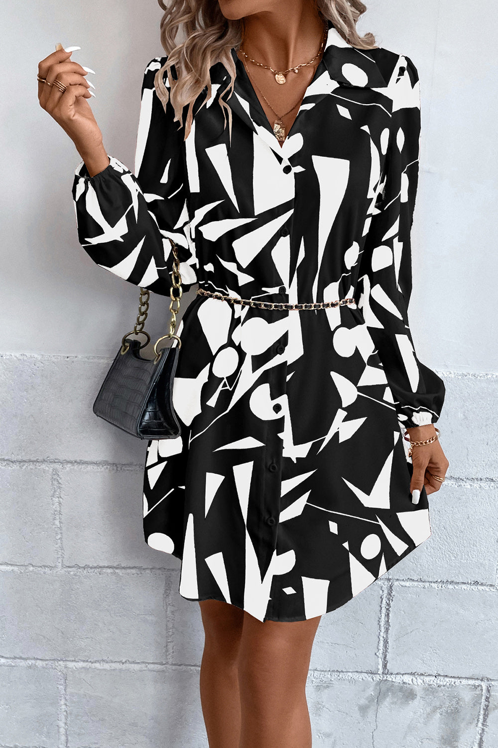 Geometric Long Sleeve Shirt Dress Black