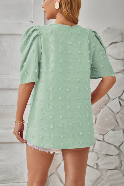 Swiss Dot Round Neck Short Sleeve Blouse Light Green