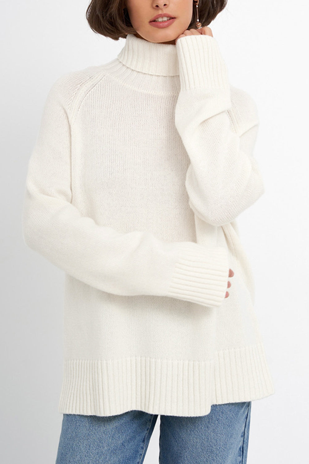 Turtle Neck Raglan Sleeve Sweater White