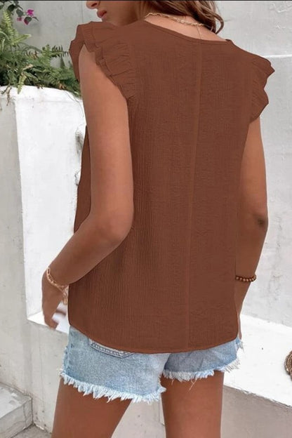 Full Size Ruffled V-Neck Cap Sleeve Blouse Brown