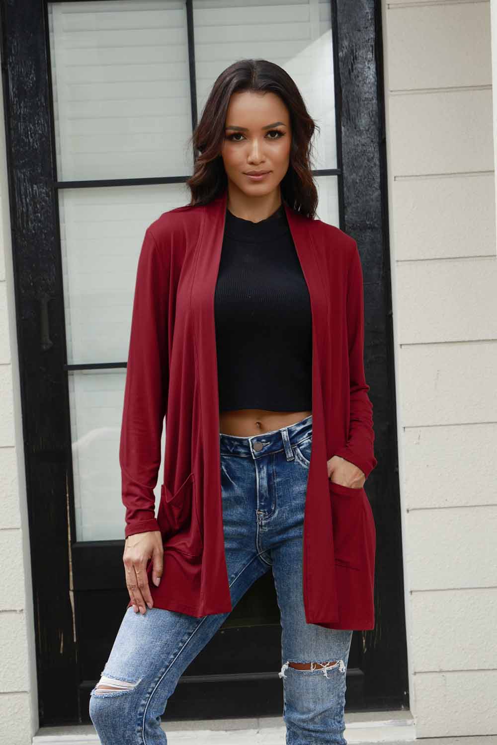 Basic Bae Full Size Open Front Long Sleeve Cardigan with Pockets Deep Red