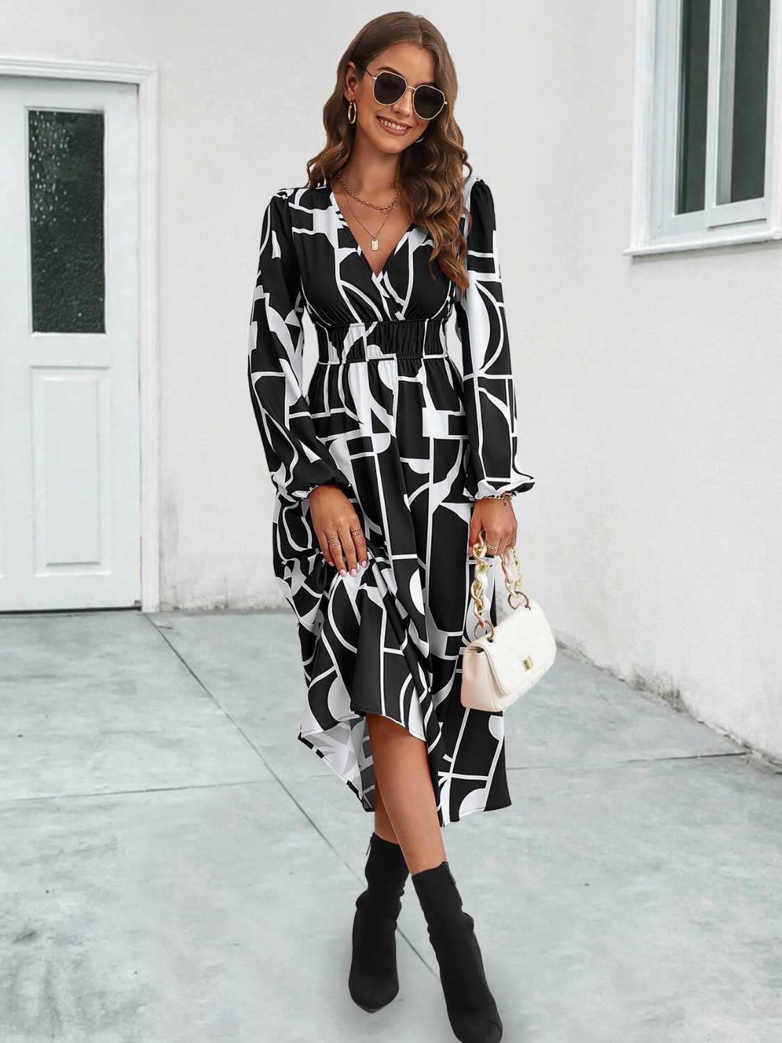 Surplice Neck Long Sleeve Midi Dress