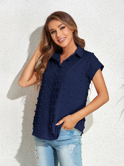 Swiss Dot Button Up Cap Sleeve Shirt Dark Blue