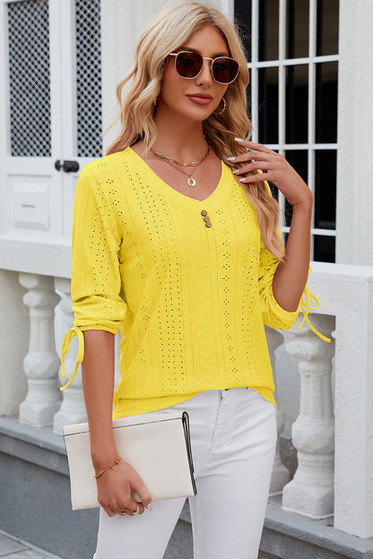 Eyelet Drawstring V-Neck Half Sleeve T-Shirt Yellow